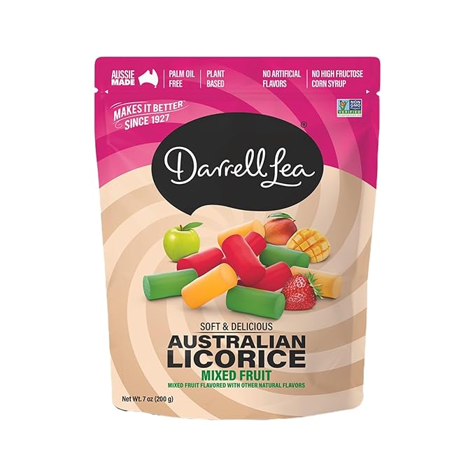 Darrell Lea Soft Australian Licorice, Non-GMO, No Palm Oil, Plant Based, No High Fructose Corn Syrup, Soft & Chewy Licorice Candy, Made in Australia (Mixed Fruit, 7 Ounce (Pack of 1)) *ASIN
