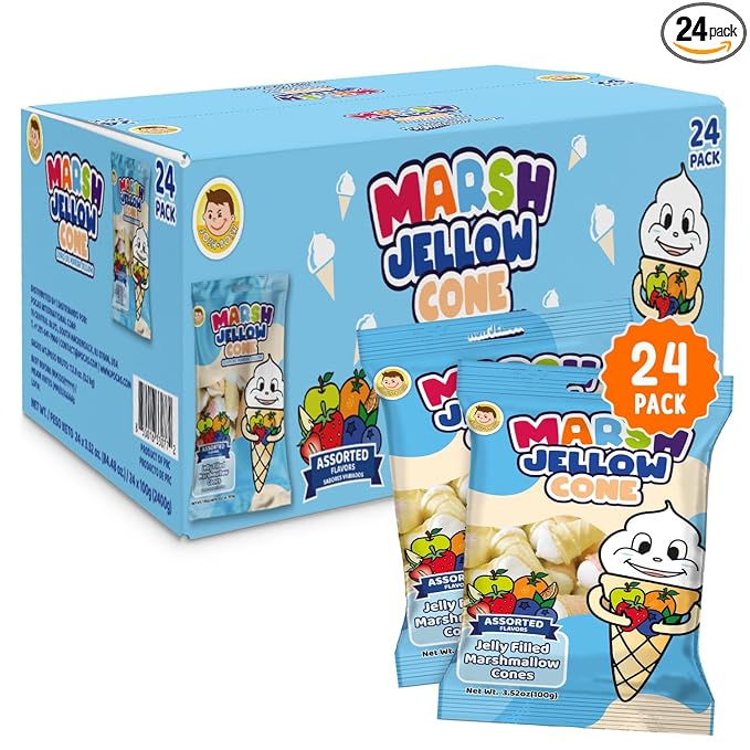 Josh Bosh Marsh Jellow Cone Candy 24-Pack – Jelly Filled Marshmallow Cones, Assorted Flavors (Orange, Blueberry & Strawberry), 3.53 Oz Ea