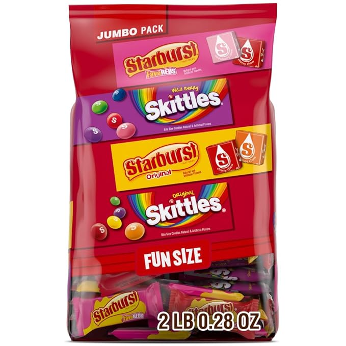 Wrigley's Assorted Candy Variety Pack, SKITTLES Original, SKITTLES Wild Berry & STARBURST Original and STARBURST FaveReds Fun Size Chewy Candy, 32.28 Oz Jumbo Pack, Bulk Bag